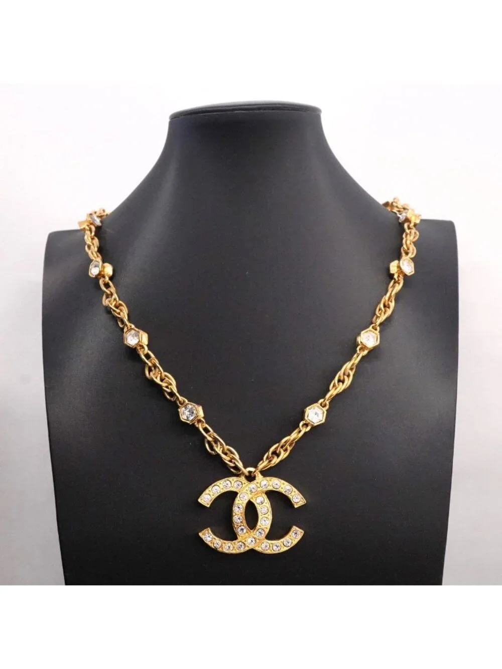 Chanel Necklace Vintage CC Logo Gold Plated Rhinestone